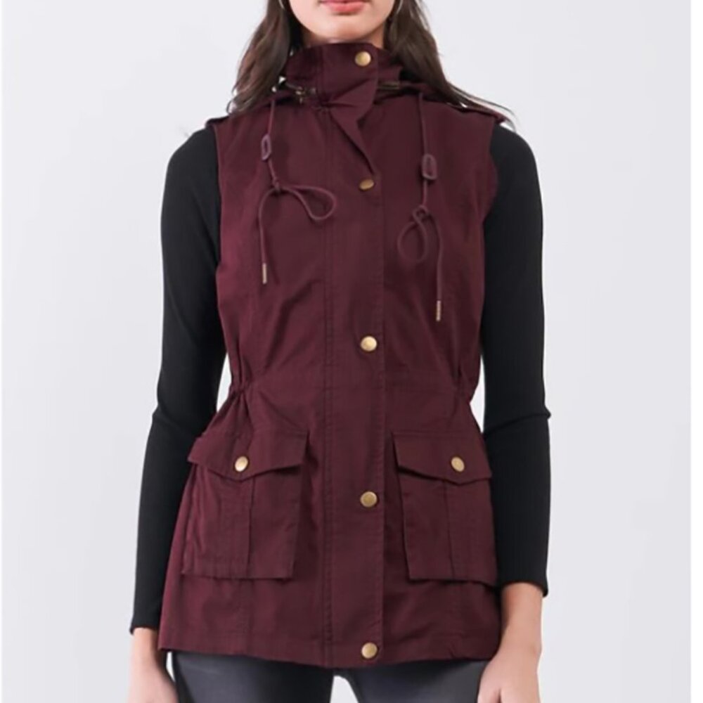 NEW Stella Cruz Burgundy Utility Winter Vest, Detachable Hood, Drawstring Waist